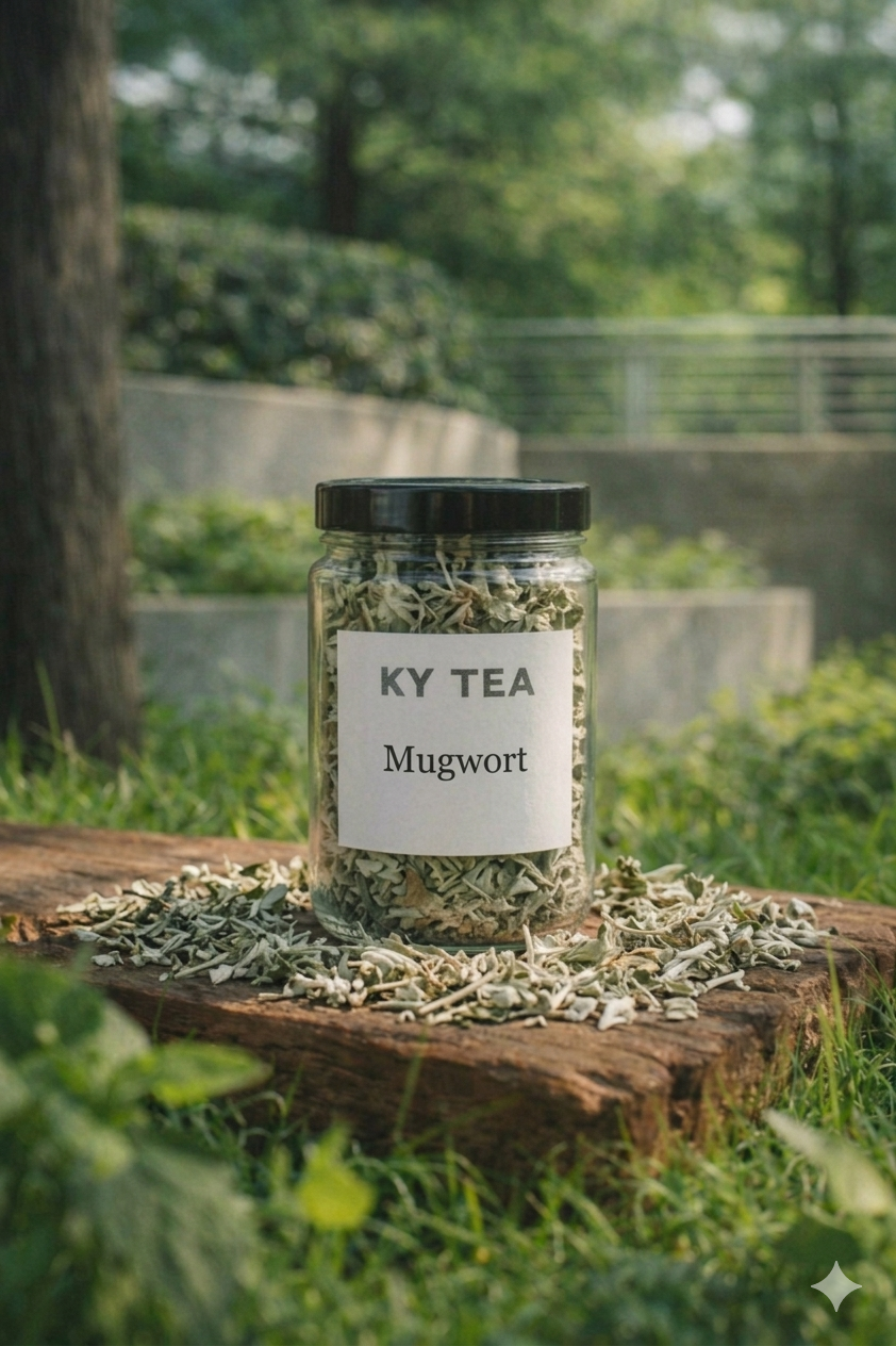 Mugwort smokable herb in a labeled glass jar — Ky Tea