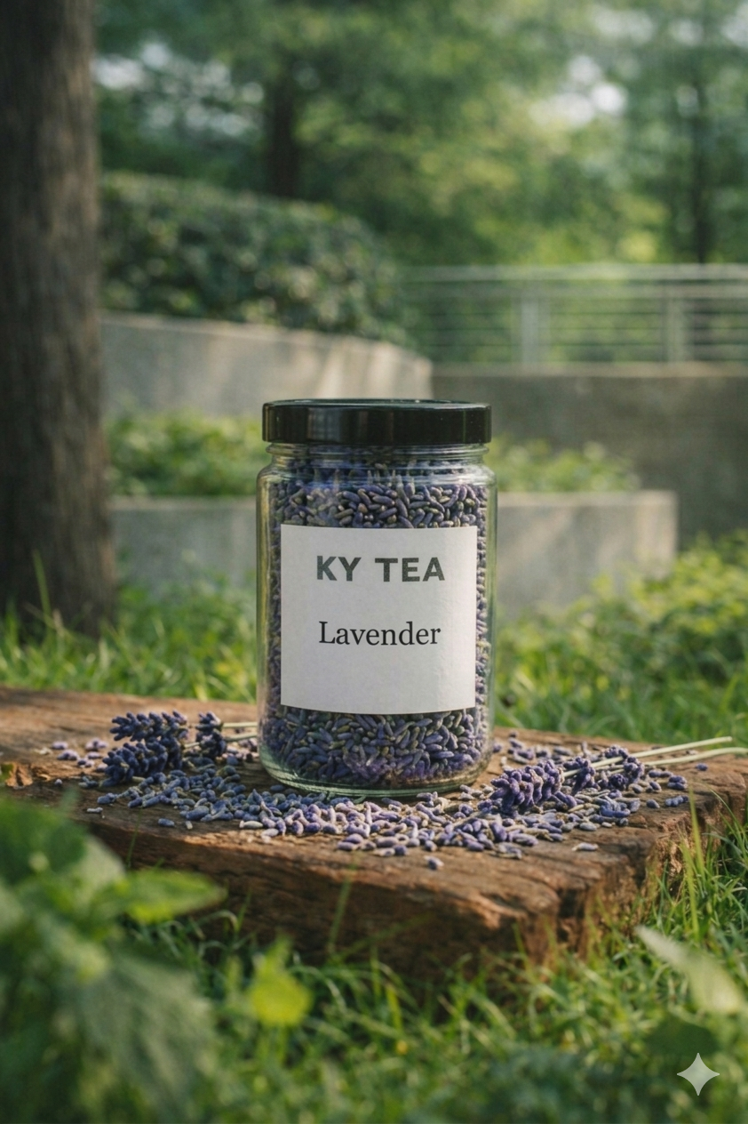 Lavender smokable herb in a labeled glass jar — Ky Tea