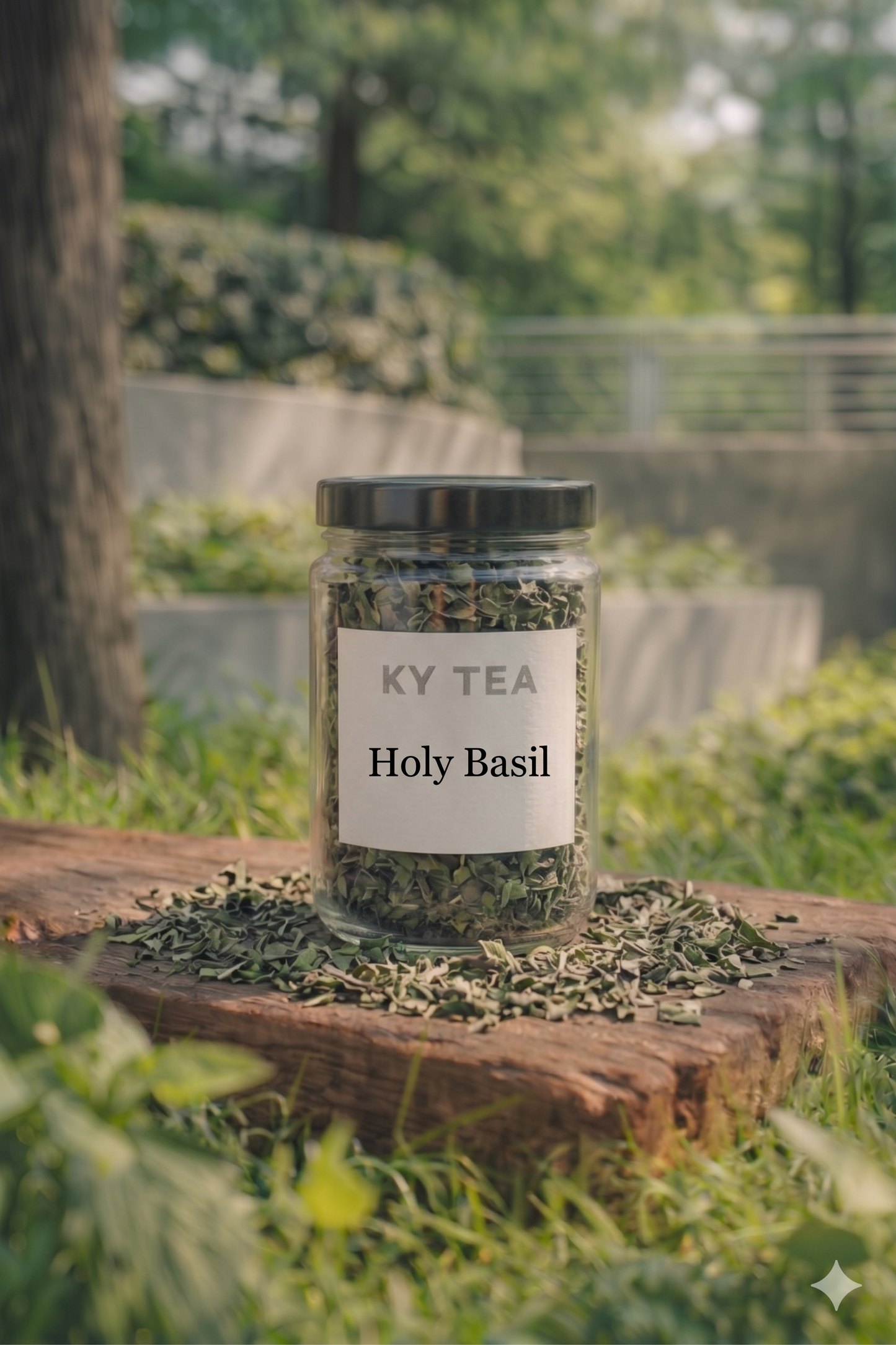 Holy Basil smokable herb in a labeled glass jar — Ky Tea