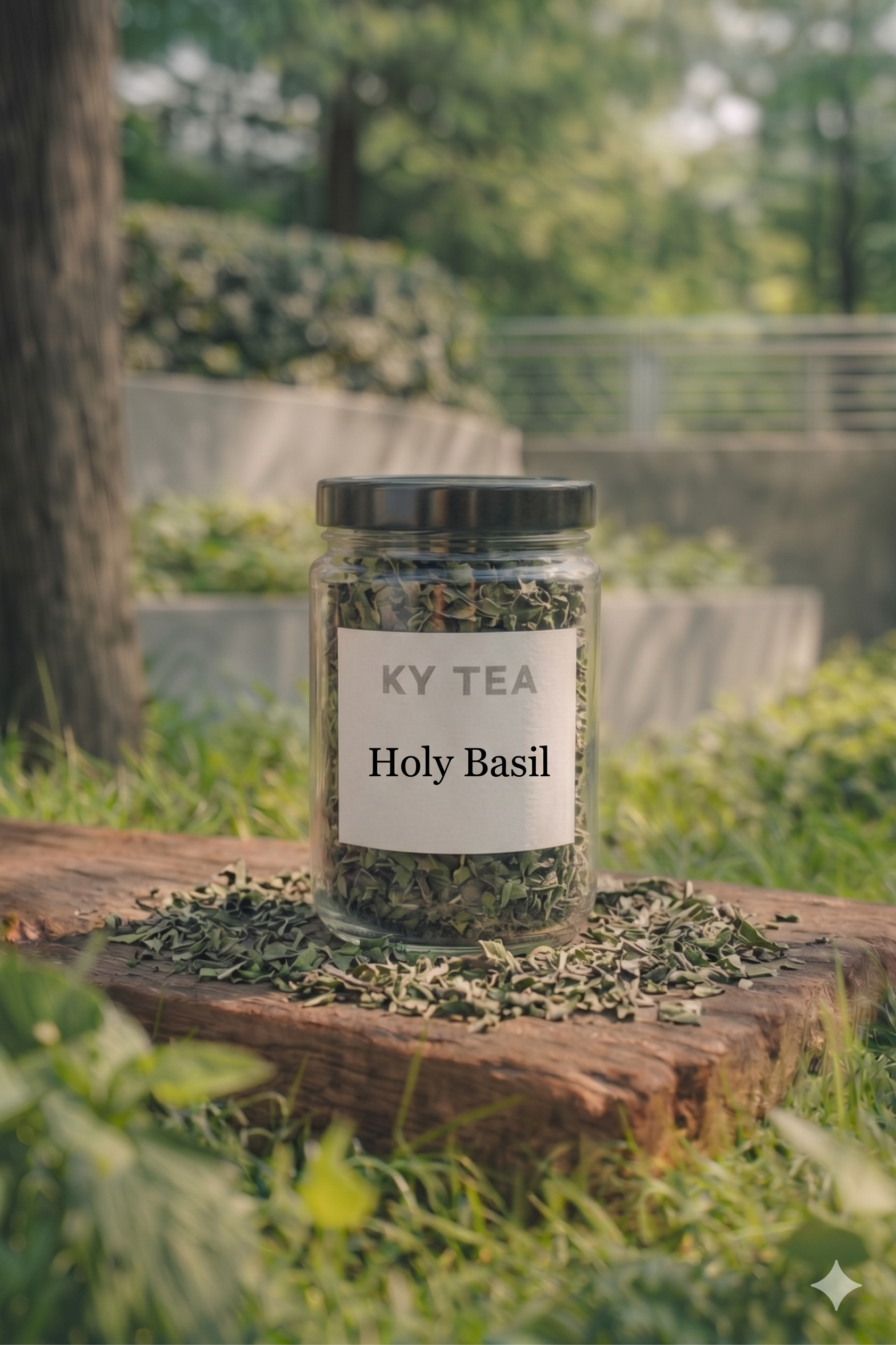Holy Basil smokable herb in a labeled glass jar — Ky Tea