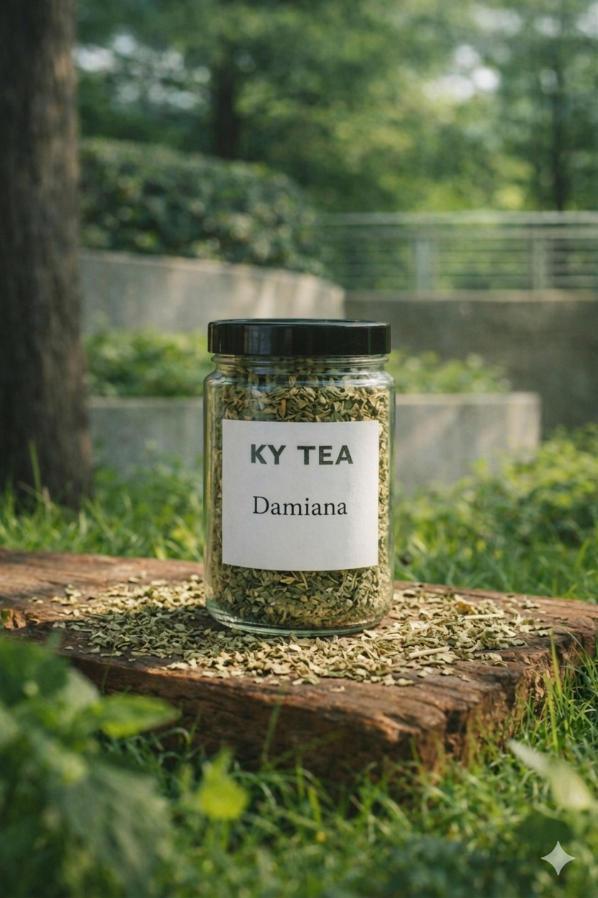 Damiana smokable herb in a labeled glass jar — Ky Tea