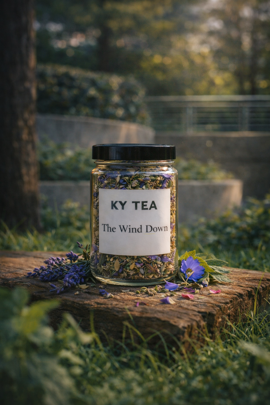 The Wind Down smokable herbal blend in a labeled glass jar — Ky Tea