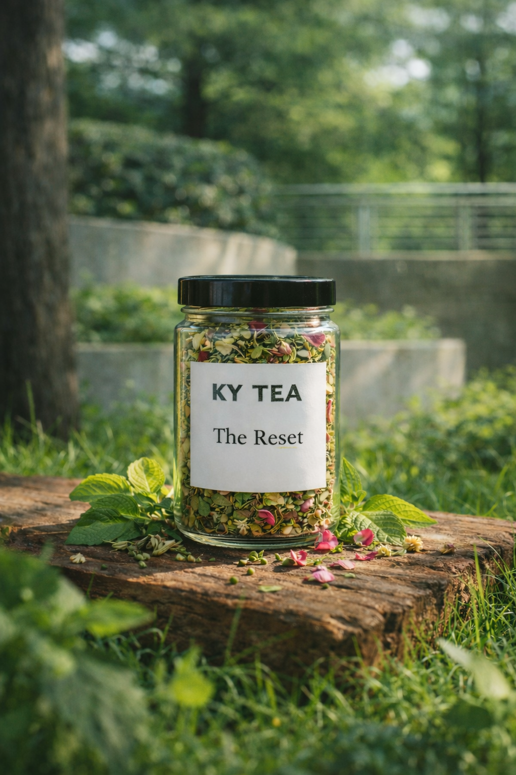 The Reset smokable herbal blend in a labeled glass jar — Ky Tea