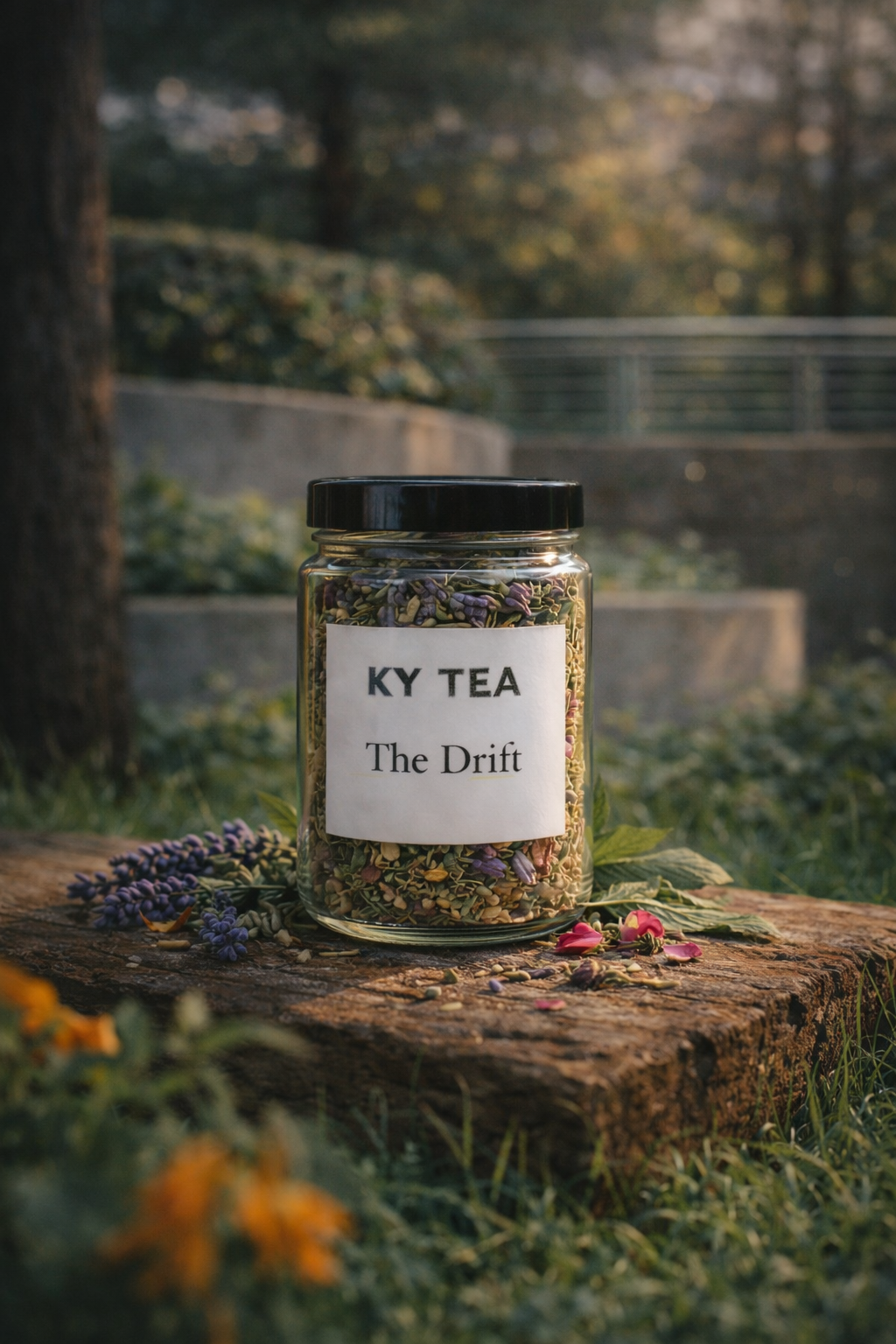The Drift smokable herbal blend in a labeled glass jar — Ky Tea