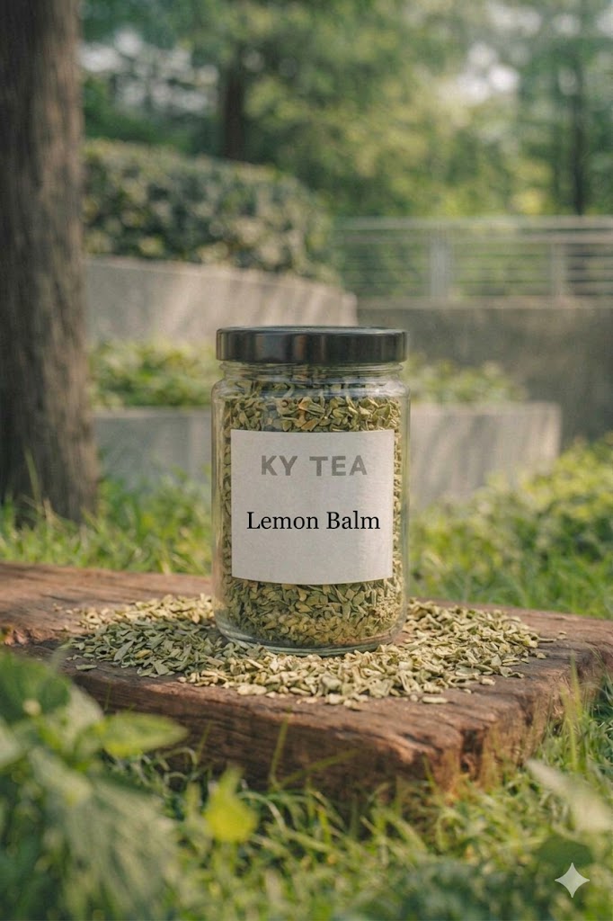 Lemon Balm smokable herb in a labeled glass jar — Ky Tea